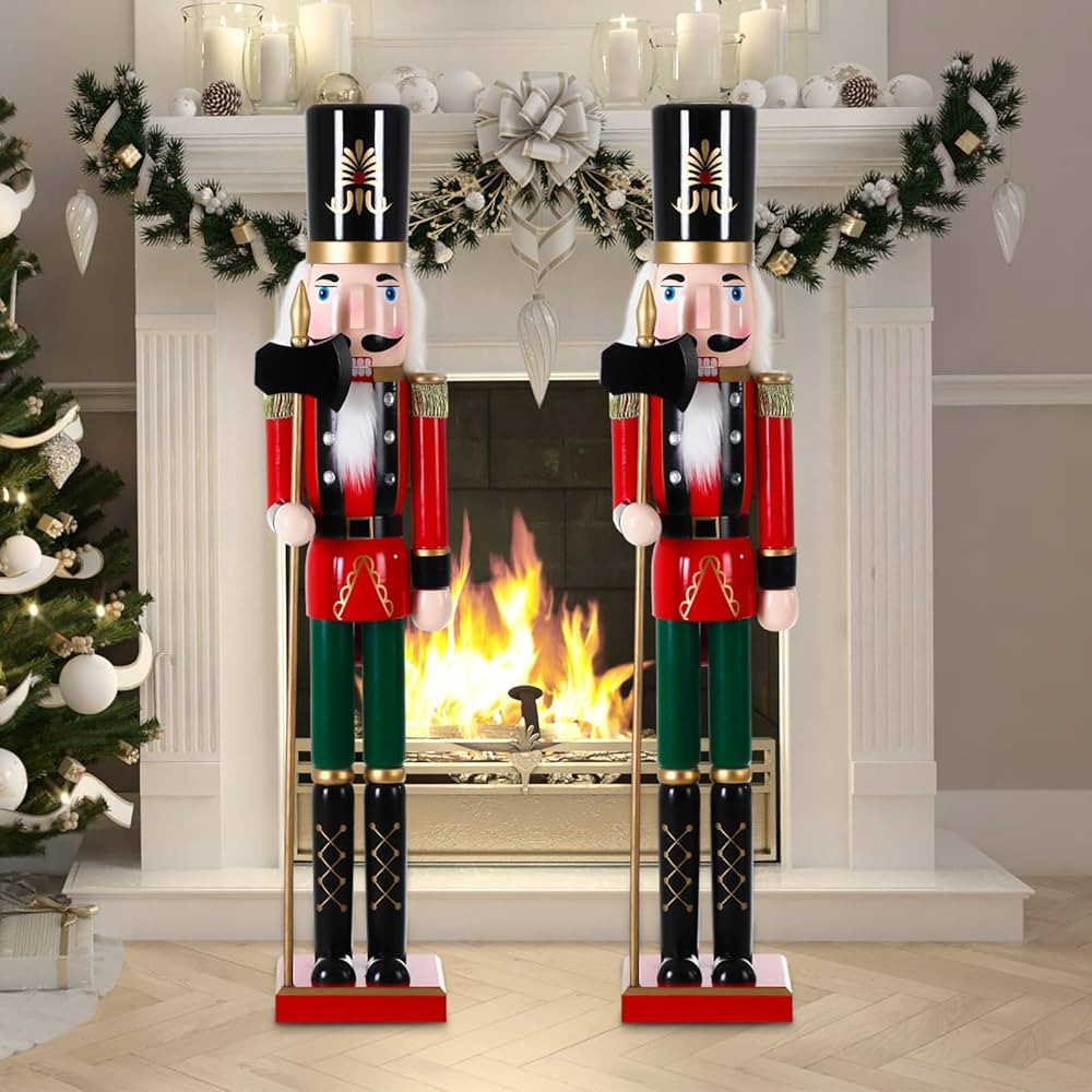 Thyle 2 Pieces 32 Inch Christmas Wooden Nutcracker Figures Xmas Large Nutcracker Soldier Christmas Holiday Soldier Ornament on Stand for Xmas Holiday Garden Lawn Pathway(Cute Style) | Amazon (US)