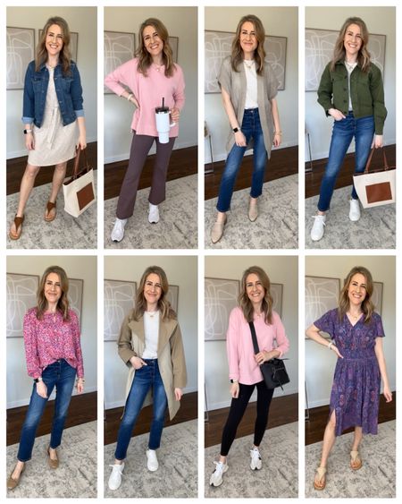 Walmart casual spring outfit ideas! I’m mixing and matching a lot of items I’ve shown previously, plus a few new finds. Wearing Large in the pink sweatshirt, medium in the green jacket, medium in trench (needed a small), size 6 in the straight leg jeans, size 0X in the purple dress. Medium in leggings and yoga pants. Small in the tan tie waist dress. #walmartfashion 

#LTKfindsunder50 #LTKfindsunder100 #LTKstyletip