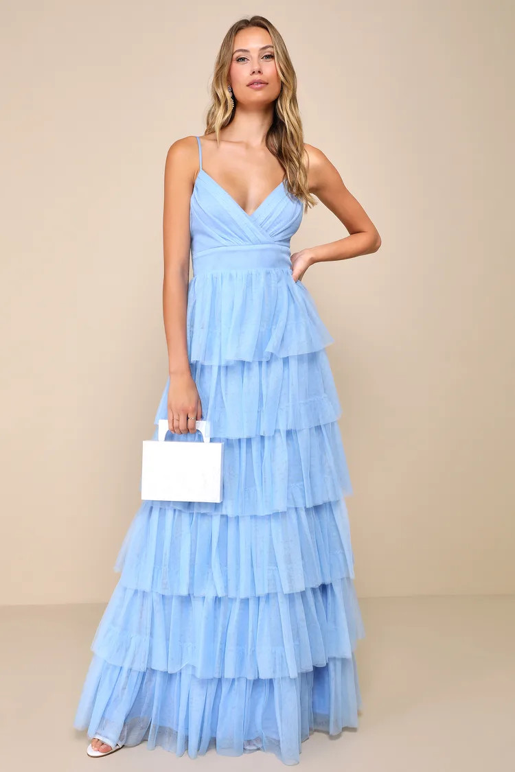 Rule the Runway Light Blue Tulle Surplice Tiered Maxi Dress | Lulus