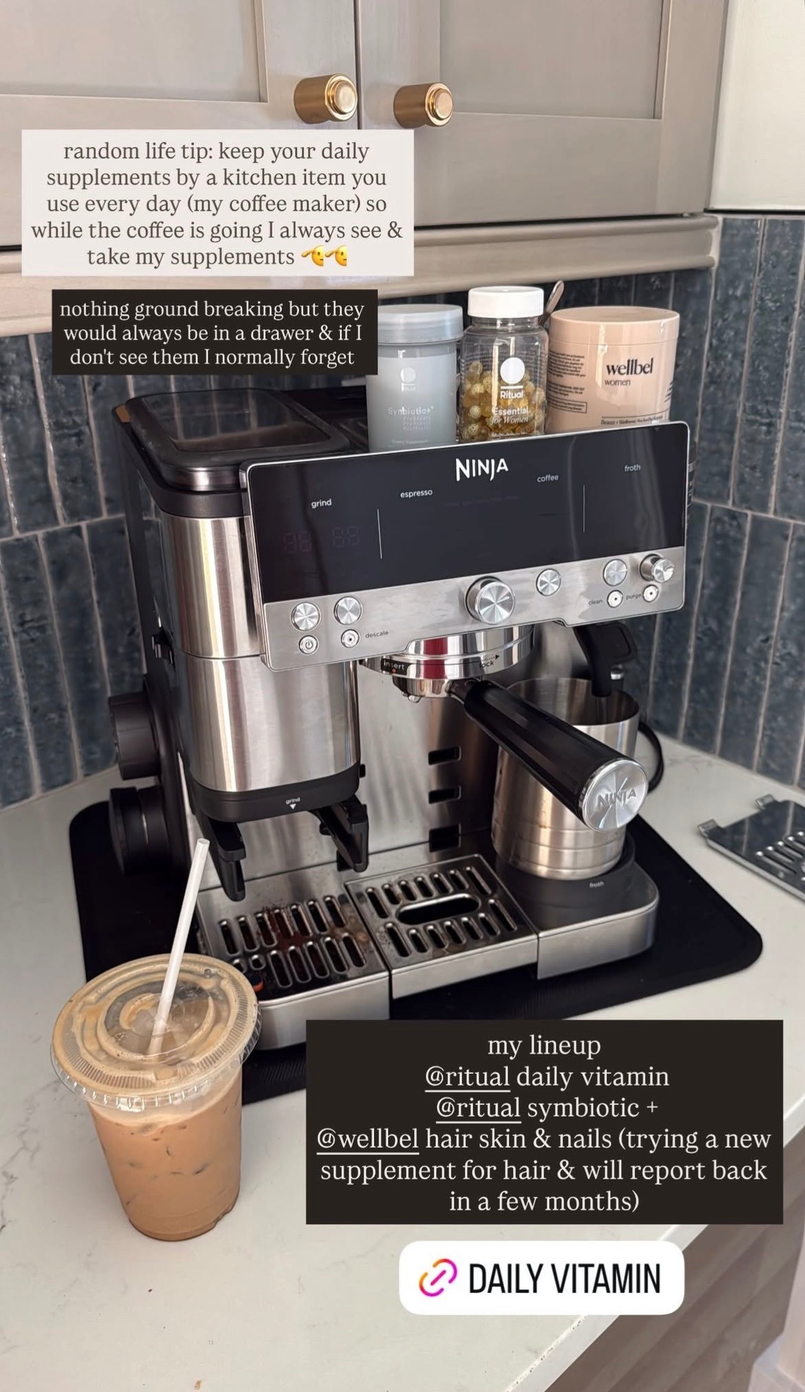 random life tip: keep your daily supplements by a kitchen item you use everyday (my coffee maker) so while the coffee is going I always see & take my supplements. My lineup: daily vitamin, symbiotic + hair, skin & nails supplement. 

#LTKHome #LTKBeauty #LTKActive