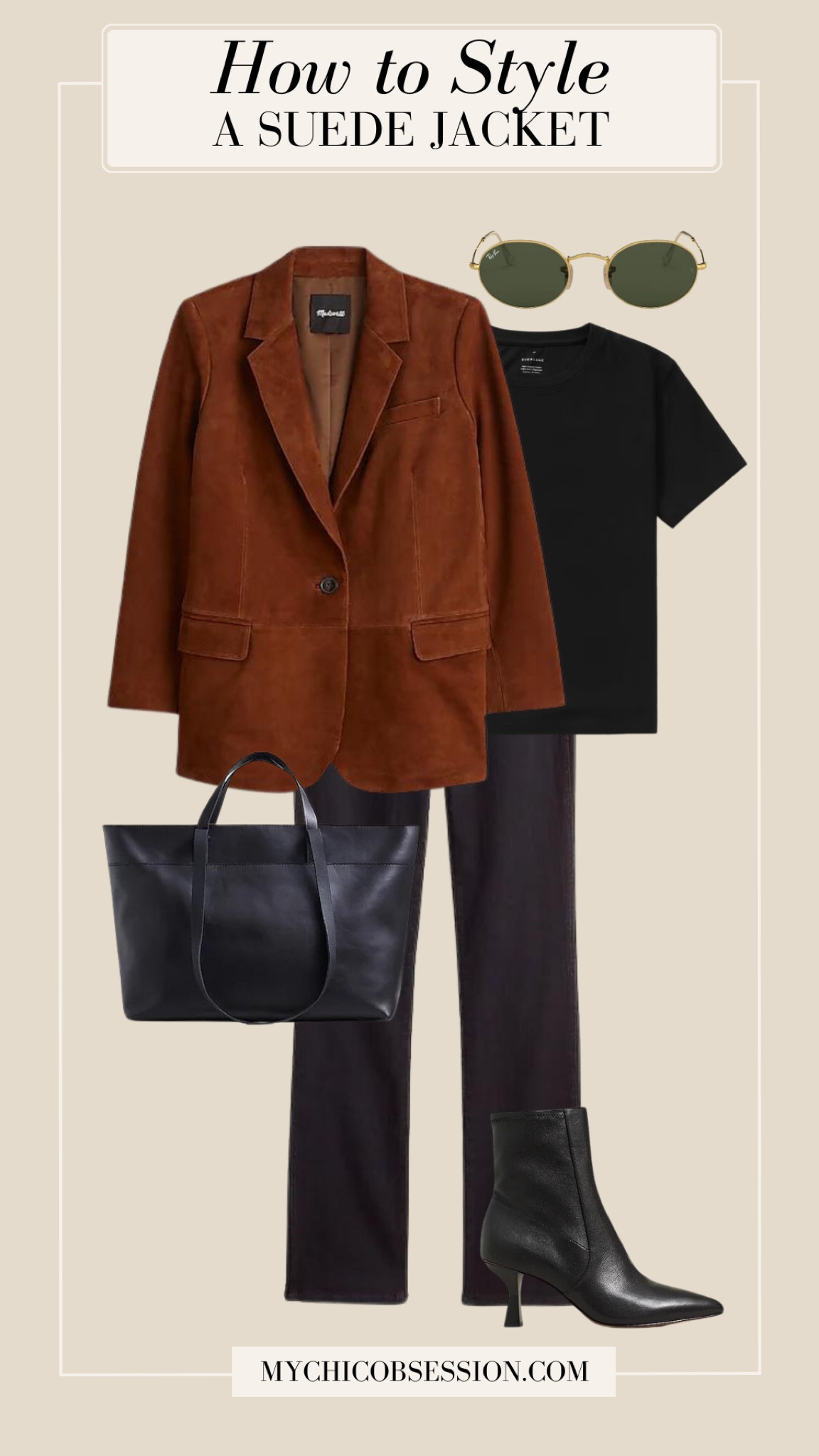 Style a suede blazer for fall over a black t-shirt, black jeans, a leather tote bag, oval sunglasses and a pair of ankle boots with a heel.

#LTKStyleTip #LTKShoeCrush #LTKSeasonal