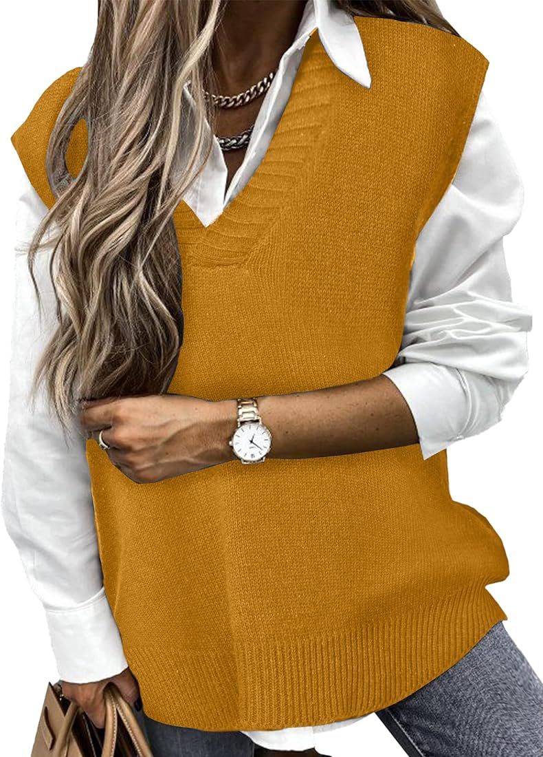 Beyove Sweater Vest Sleeveless Oversized V Neck Sweaters Knitted Vest Pullover Tank Top | Amazon (US)