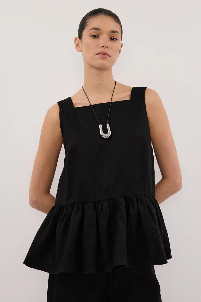 DAISY BLACK LINEN PEPLUM TOP | DISSH