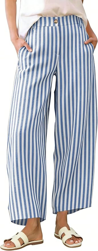 Womens Summer Striped Barrel Pants Casual Baggy Wide Leg Palazzo Pants Beach Vacation Outfits | Amazon (US)