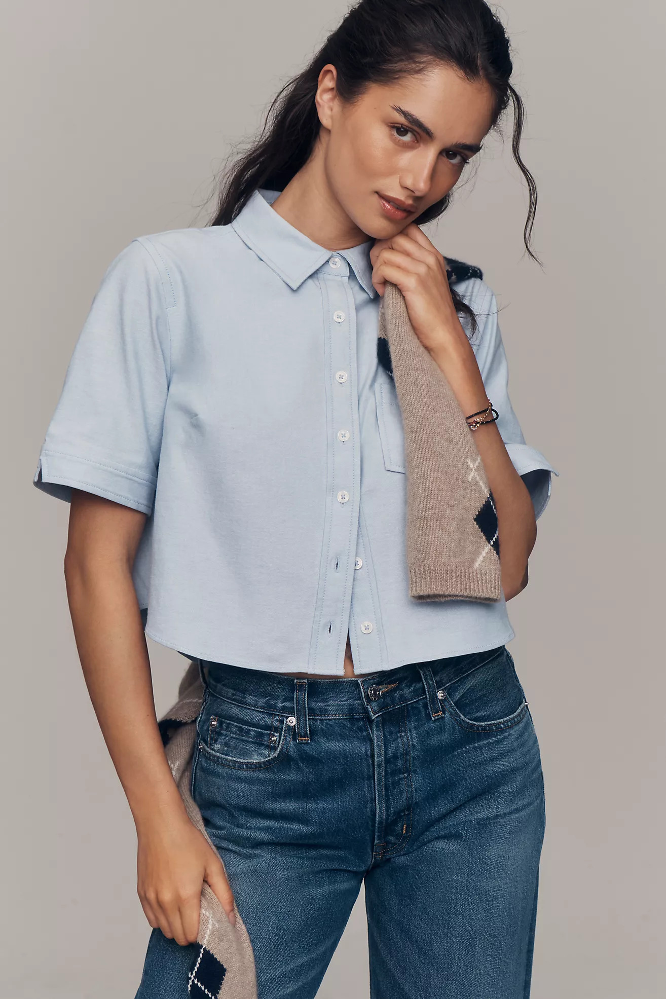 Maeve Short-Sleeve Cropped Buttondown Top | Anthropologie (US)