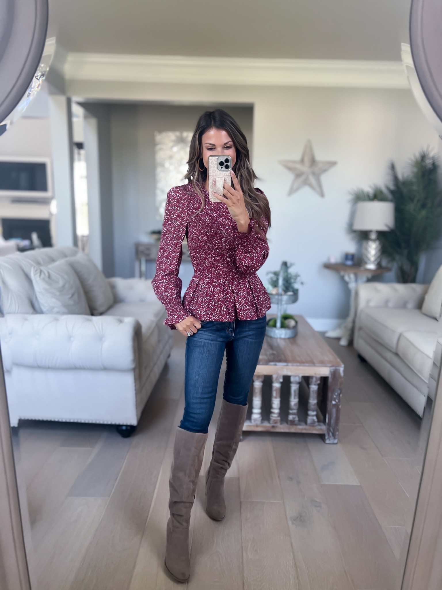 //5’1//peplum smocked top//small//stretchy skinny jeans//00 petite//boots//tts for me//

#LTKsalealert #LTKunder50