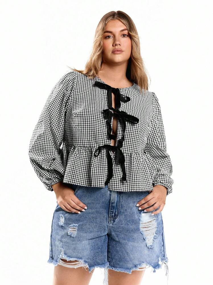 Solavibe Plus Size Front Tie Long Sleeve Simple Pleated Shirt, Casual For Daily Wear | SHEIN