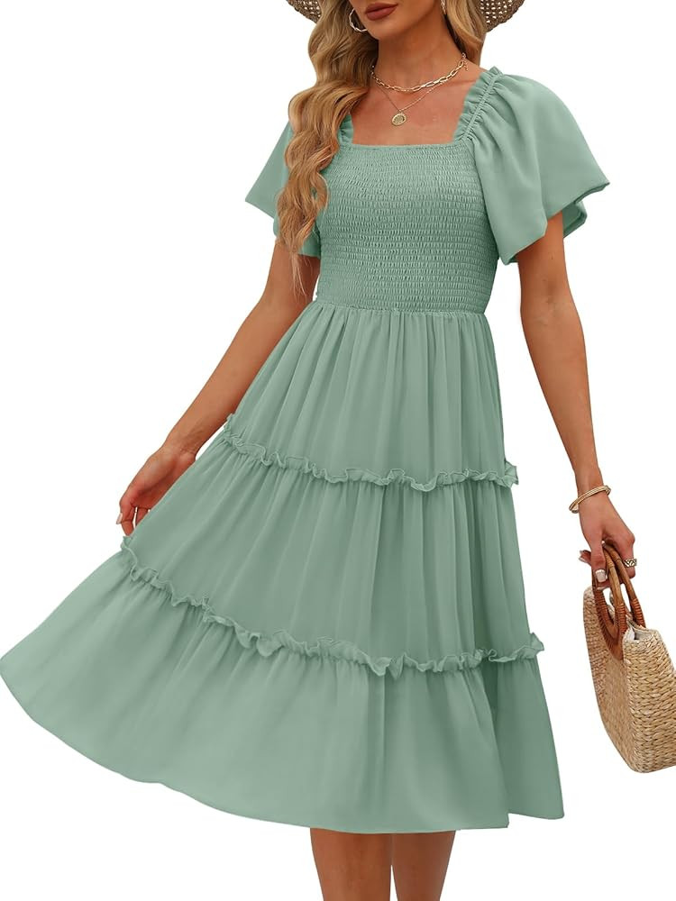 LILLUSORY Women's Summer Casual Flutter Sleeve Square Neck Smocked Midi Dress | Amazon (US)