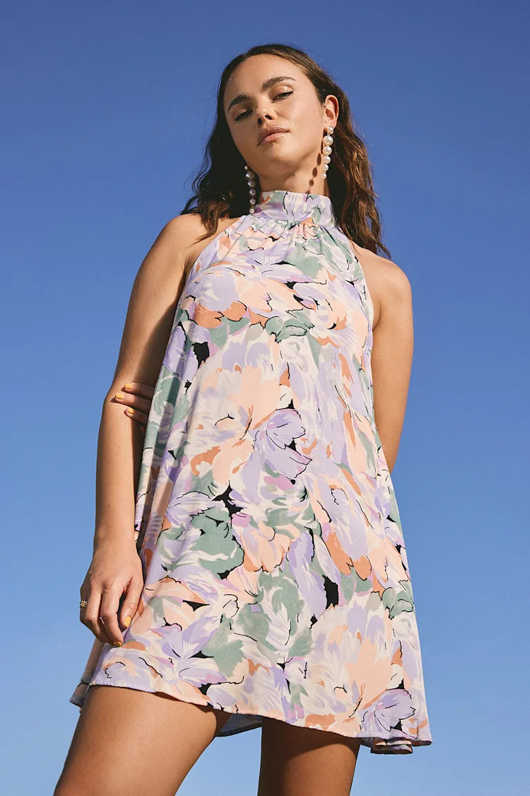 Tied Back To You Lavender Multi Floral Print Mini Shift Dress | Lulus (US)