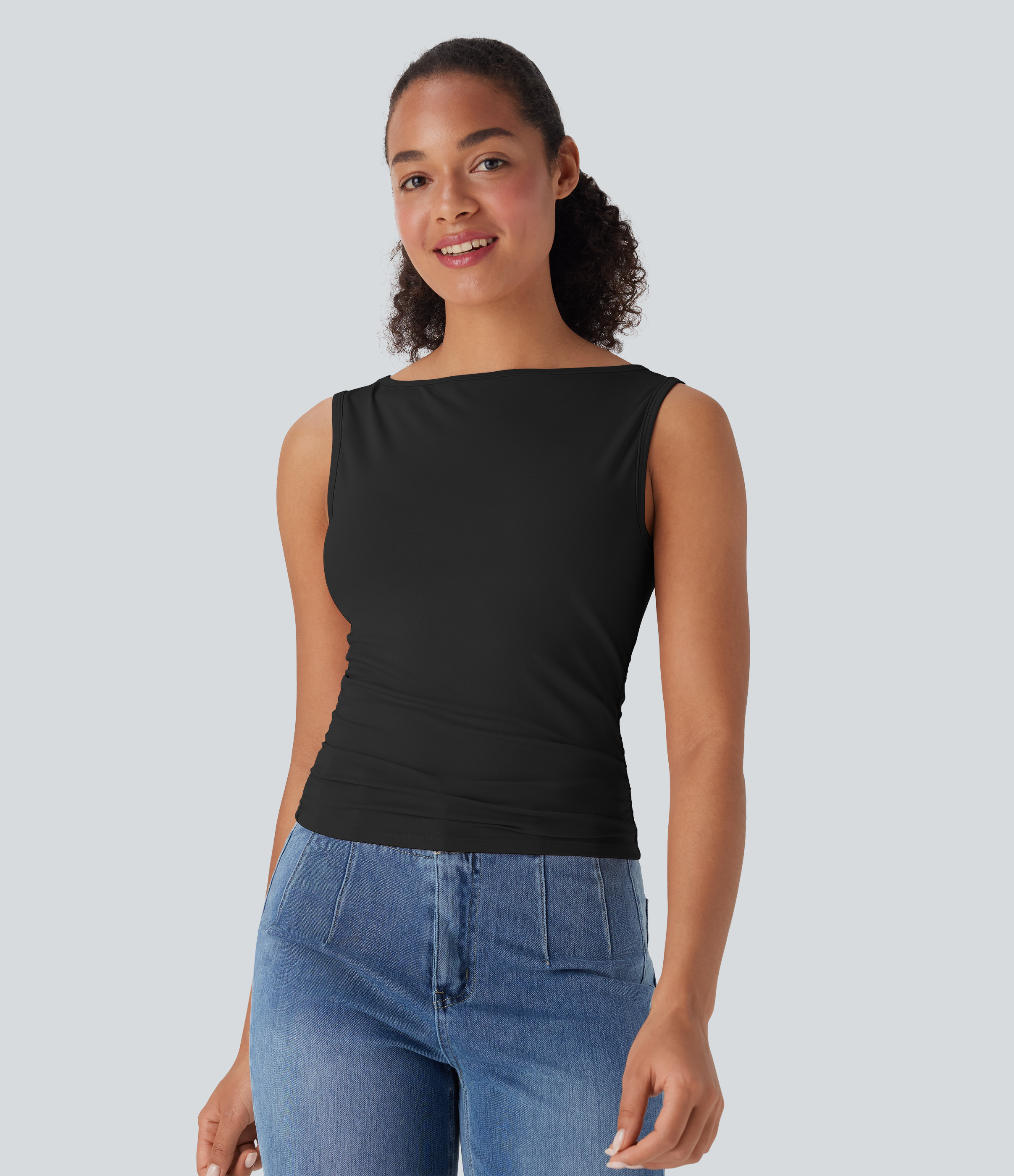 Halara Boat Neck Sleeveless Ruched Casual Top Tank Top - Black - XS golf tops halter top tunic tops sleeveless tops backless top | HALARA