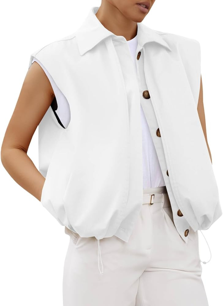 Tankaneo Womens Casual Oversized Vest Ruched Hem Cropped Button Down Sleeveless Jackets Cap Sleev... | Amazon (US)