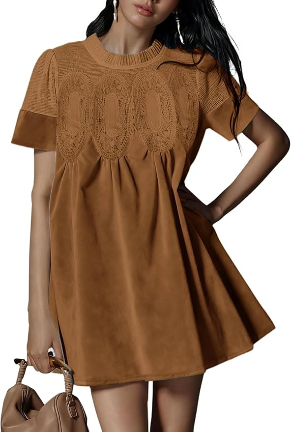 Athlisan Womens Faux Suede Mini Dress Lace Patchwork Short Sleeve Crew Neck A Line Babydoll Dress... | Amazon (US)