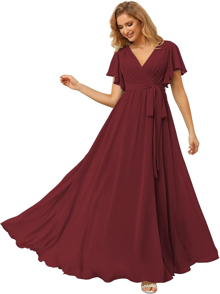 Raseal Flutter Sleeve Chiffon Bridesmaid Dress Long with Pockets V Neck Pleated Formal Dress for ... | Amazon (US)