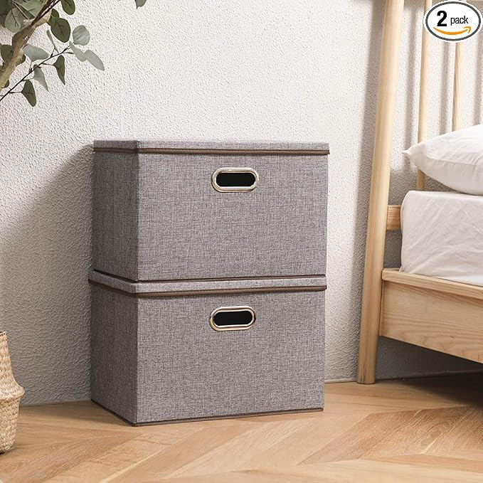 Large Linen Fabric Foldable Storage Container [2-Pack] with Removable Lid and Handles,Storage bin... | Amazon (US)