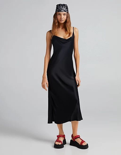 Bershka midi satin dress in black | ASOS (Global)