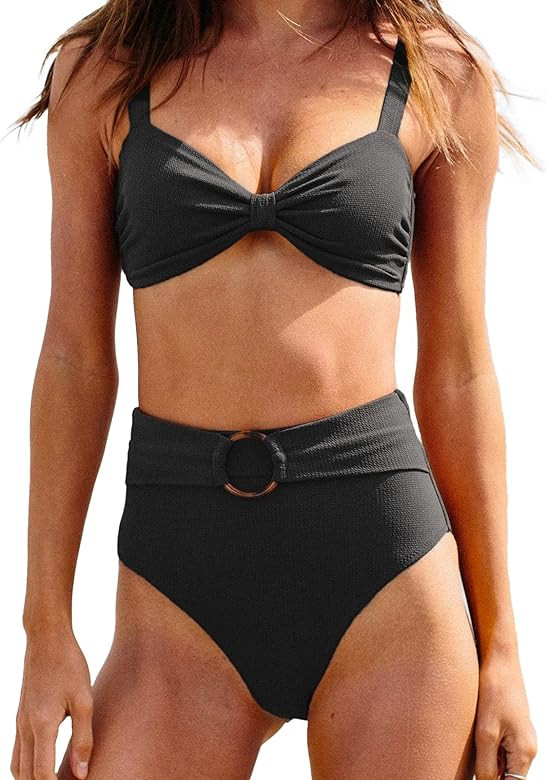 CUPSHE Women's Bowkont Front Bikini Set Tummy Control High Waisted Belted Bathing Suit | Amazon (US)