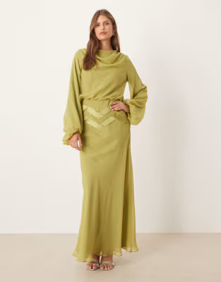 ASOS DESIGN drape maxi dress with blouson sleeve and satin weave detail in green | ASOS | ASOS (Global)