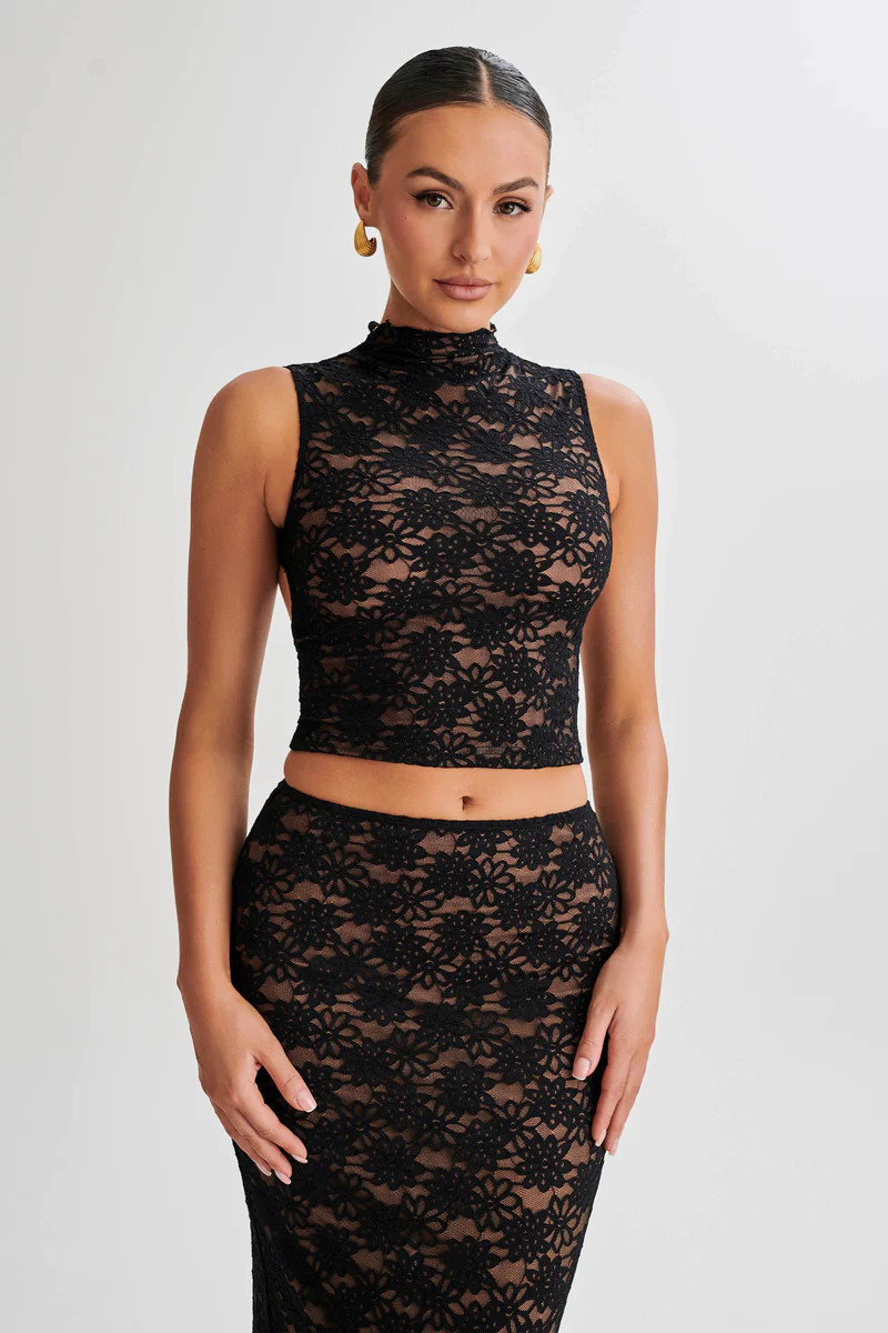 Elska Lace High Neck Top - Black | MESHKI US