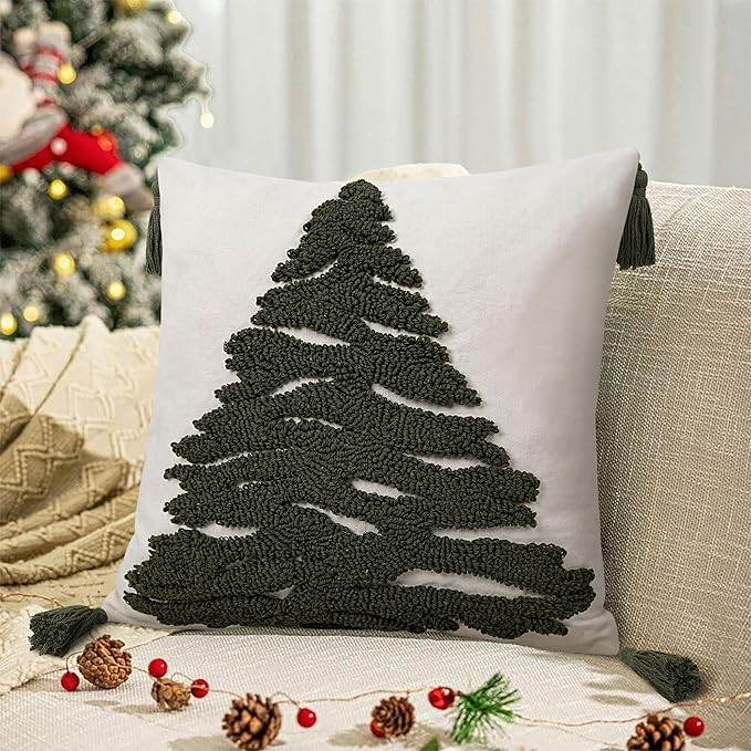 JASEN Embroidered Christmas Tree Pillow Cover, Green Tufted Throw Pillow Cover with Tassels, Hand... | Amazon (US)