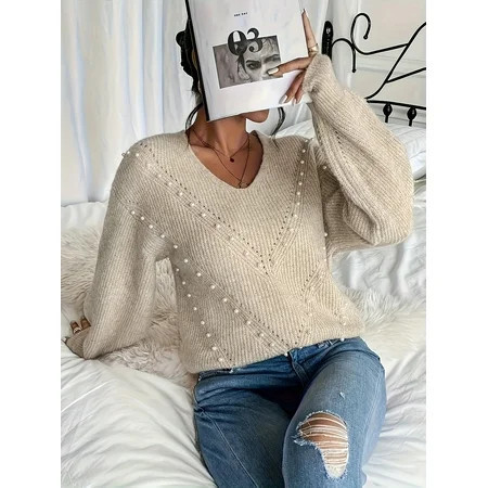 Plus Size Women s Pearl Beaded Pullover V Neck Drop Shoulder Loose Sweater Top | Walmart (US)