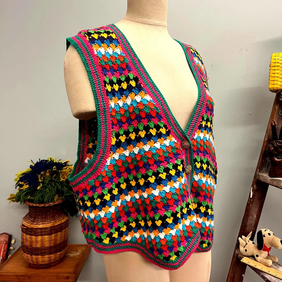 Vintage 80s Geometric Knit Sweater Vest, Rainbow Chevron Hearts Button Up Top | Etsy (US)
