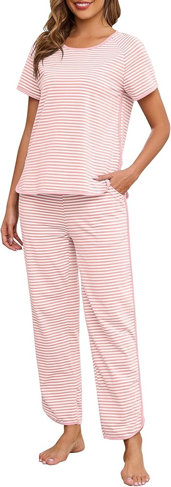 Womens Pajama Sets Cotton 2 Piece Lounge Set Stripe Short Sleeve Pj Set Comfy Loungewear Sleepwea... | Amazon (US)