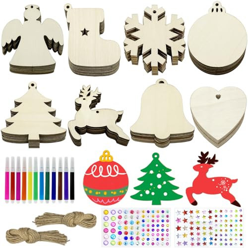 Apragaz 80 Pcs Wooden Christmas Ornaments for Crafts, 8 Styles Unfinished Wood Ornaments with Pens, Gem and Star Stickers, Blank Wood Christmas Tree Ornaments for DIY Craft Xmas Hanging Decoration | Amazon (US)