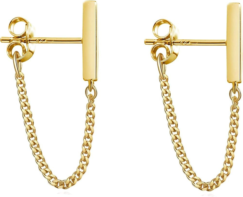Reffeer 925 Sterling Silver Stud Earrings Minimalist Bar Earrings with Chain Dangle Earrings For ... | Amazon (US)