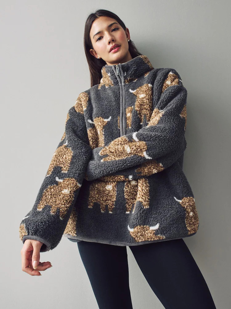 Charcoal Grey Hamish The Highland Cow Borg Zip Neck Fleece | Next US