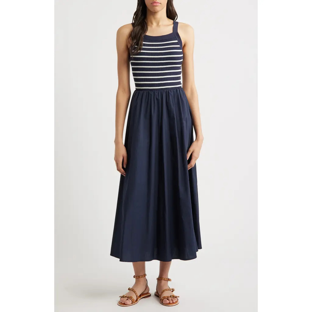MOON RIVER Stripe Bodice Mixed Media Midi Dress in Navy at Nordstrom Rack, Size Medium | Nordstrom Rack
