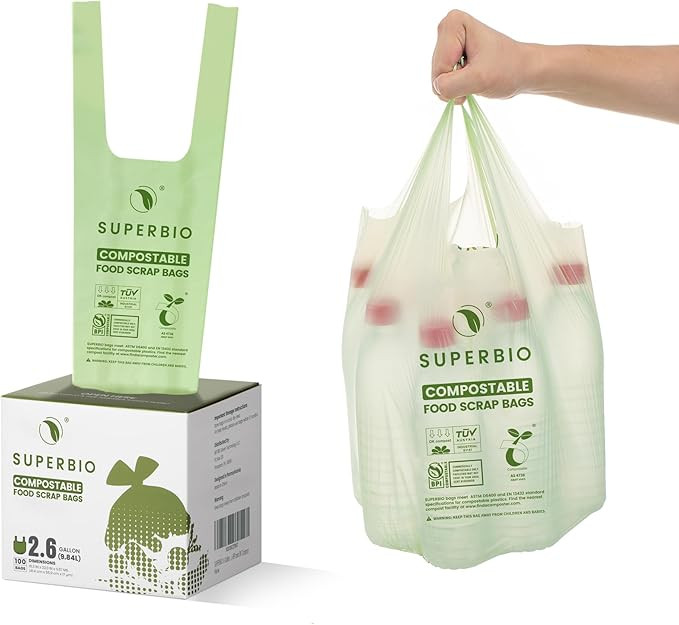 SUPERBIO 2.6 Gallon Compostable Bags with Handles, 100 Count,1 Pack, Food Scrap Bags Certified by... | Amazon (US)