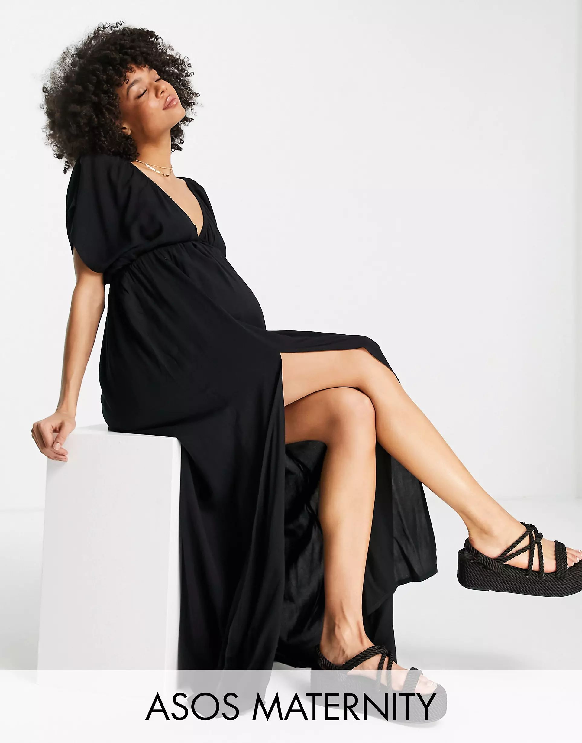 ASOS DESIGN Maternity flutter sleeve maxi beach dress in black | ASOS (Global)