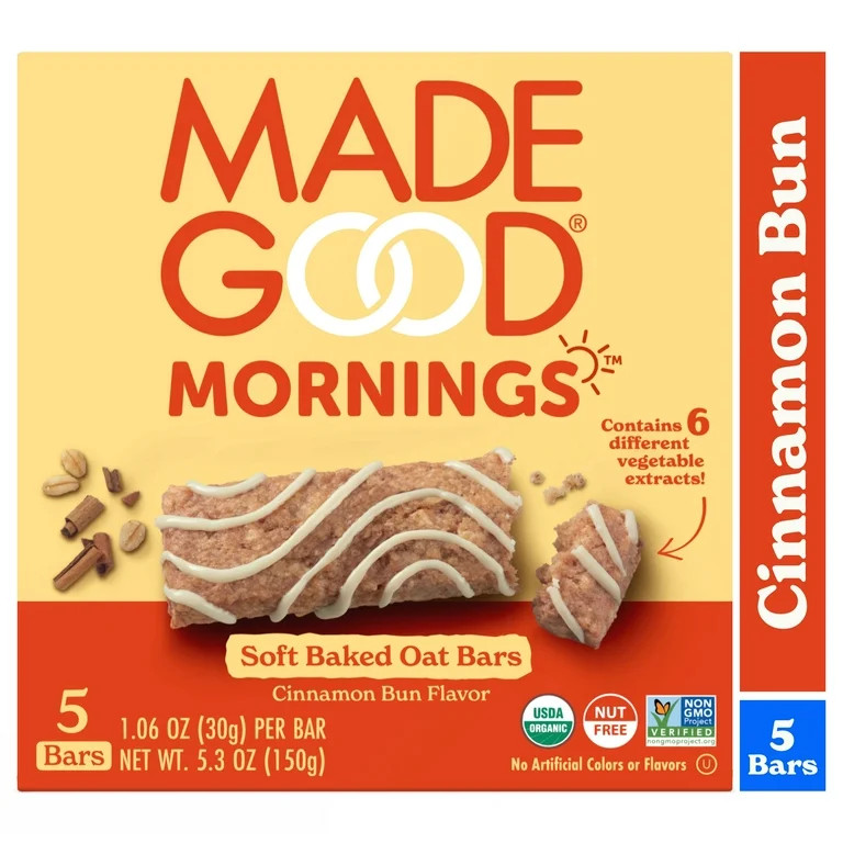 MadeGood Mornings Cinnamon Bun Breakfast Bars, 5 Count (1.06oz Each) - Walmart.com | Walmart (US)