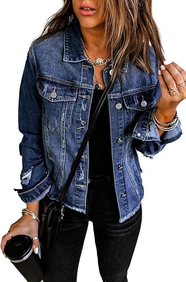 Necooer Women's Jean Jacket Distressed Washed Button Up Boyfriend Denim Jacket Coat With Pockets | Amazon (US)