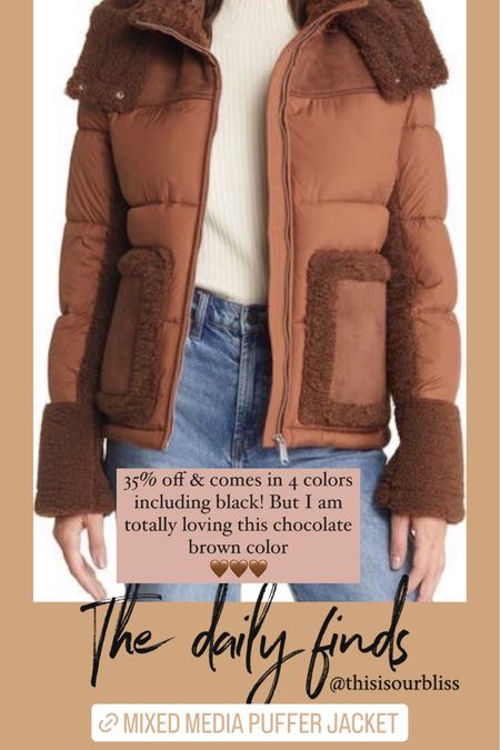 Mixed media puffer jacket with faux fur, comes in four colors and is 35% off! Winter jacket on sale! Love this chocolate brown color 🤎🤎🤎

#LTKSeasonal #LTKsalealert #LTKHoliday