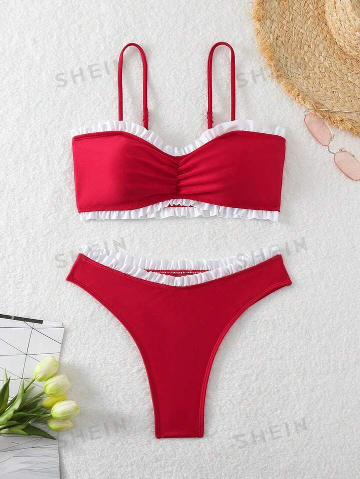SHEIN Swim Women's Color Block Ruffle Trim Bikini Set Summer Beach | SHEIN