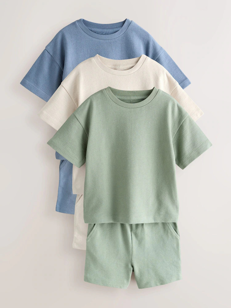 Blue/Green/Neutral Textured Short Sleeve T-Shirt and Shorts Set 3 Pack (3mths-7yrs) | Next US