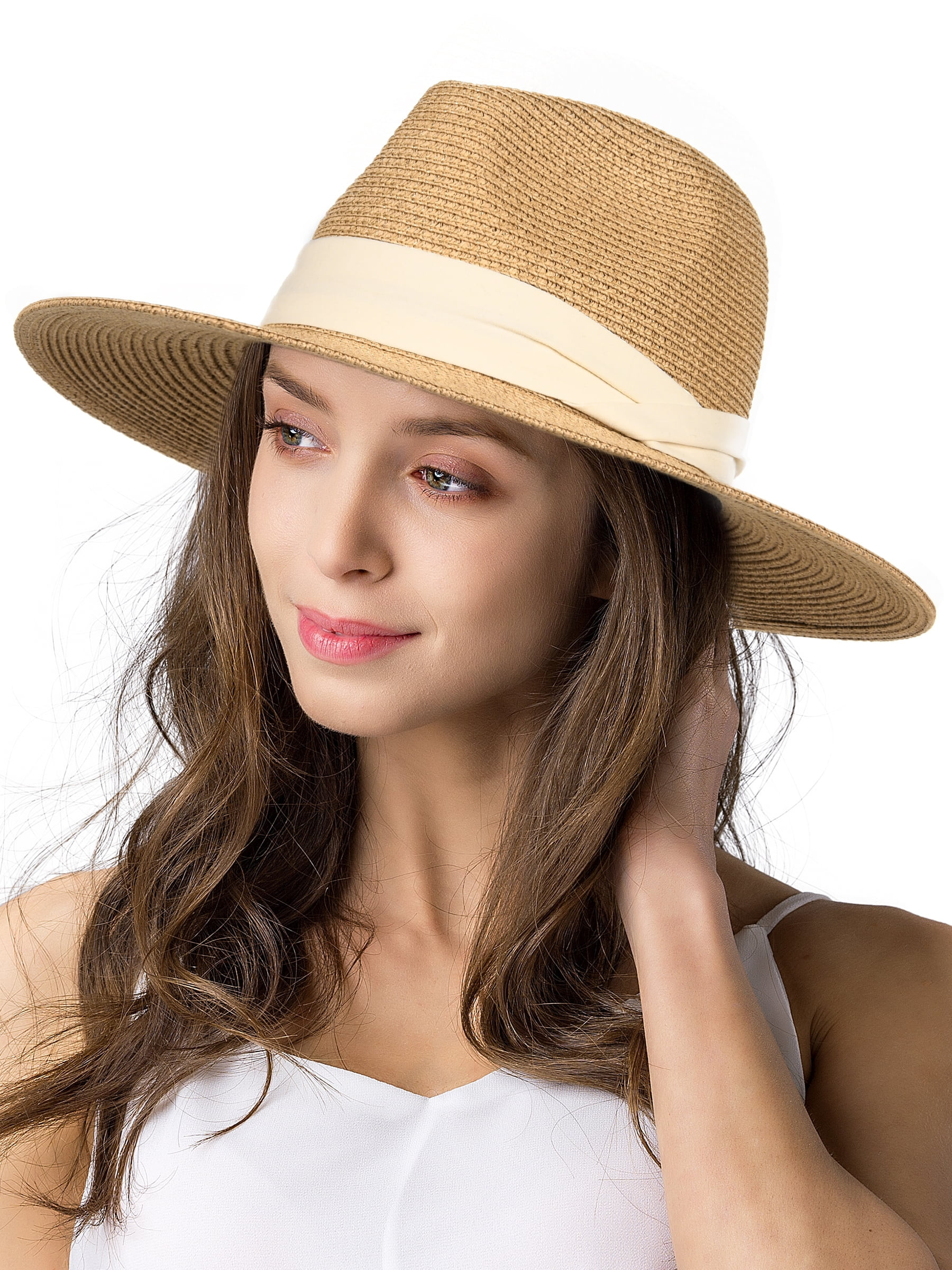 Panama Hat Sun Hats for Women Men Wide Brim Fedora Straw Beach Hat UV UPF 50- Khaki Beige- M | Walmart (US)