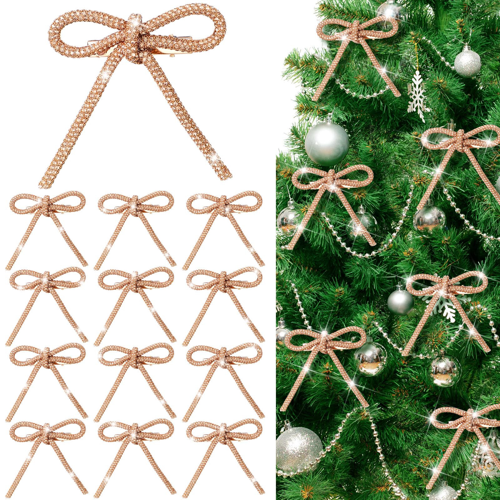 12 Pcs 3.2''x2.8'' Gold Glitter Christmas Bows Ornaments with Clip Metal Shiny Christmas Tree Dec... | Amazon (US)