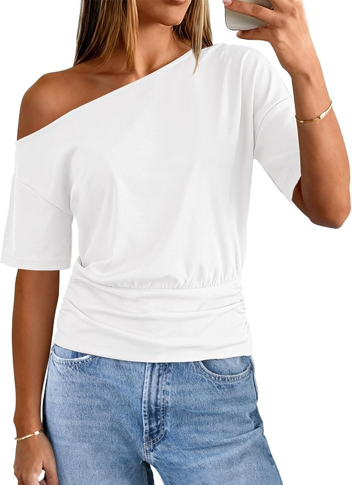 MEROKEETY Women's Off The Shoulder Short Sleeve Tops 2026 Summer Casual Going Out Trendy Y2k T Sh... | Amazon (US)
