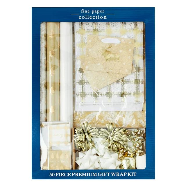Holiday Time Fine Paper Collection 50 Piece Premium Gift Wrap Kit, Gold | Walmart (US)