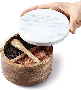 8SOM Acacia Salt and Pepper Box with Marble Lid and Embedded Spoon, Well-sealed Dust Lid, Salt Ce... | Amazon (US)