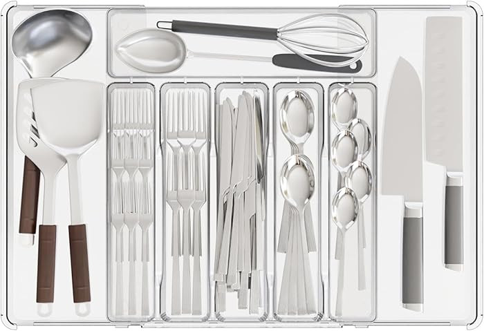 Yieach Clear Expandable Silverware Drawer Organizer - Adjust From 11'' to 22'' - Knife,Cutlery,Sp... | Amazon (US)