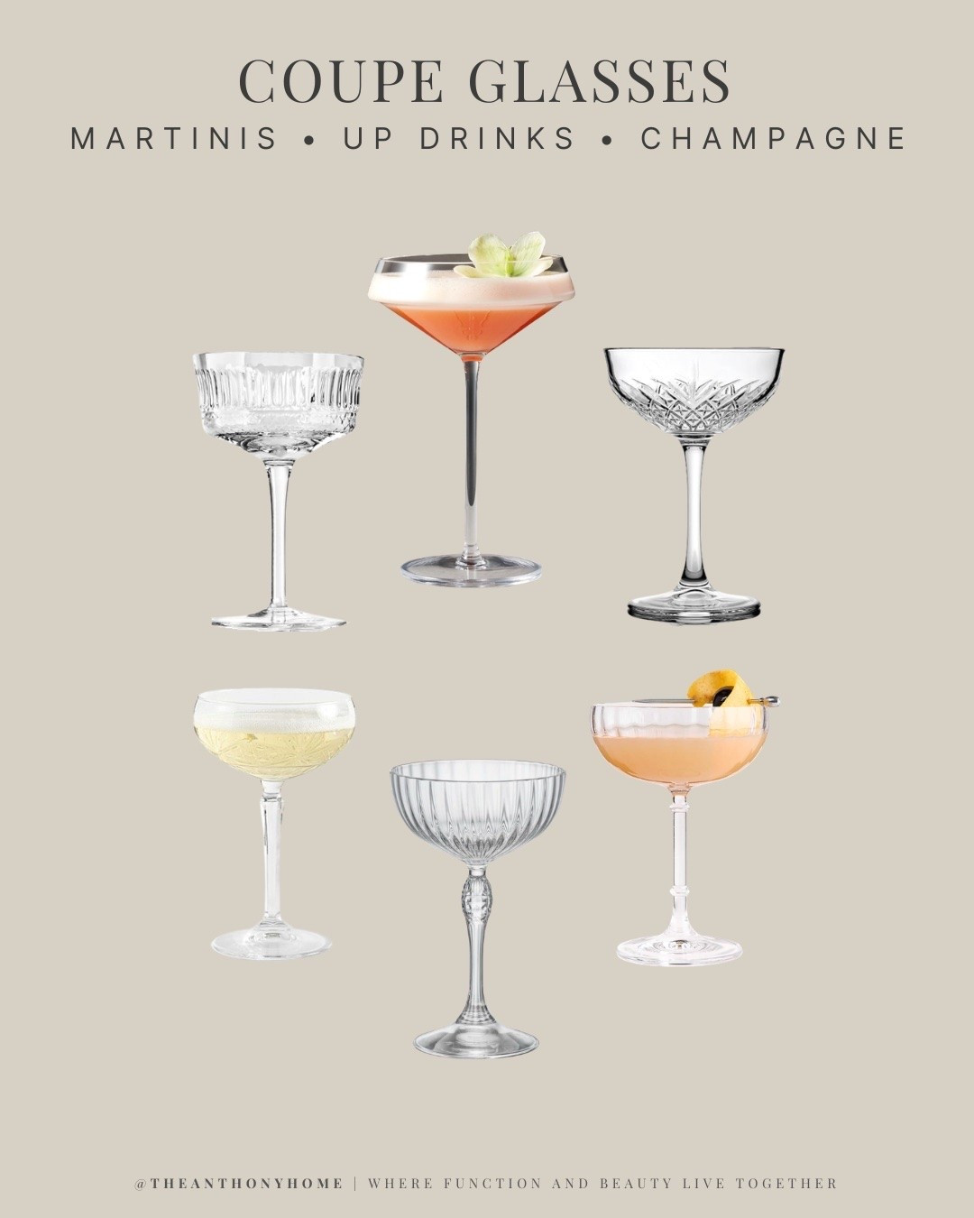 Coupe glasses are one of my favorite choices for martinis, cocktails served up, sparkling drinks, and festive mocktails. 

They instantly make a drink feel a little more special and look beautiful on a beverage station. 

My collection has been gathered over many years of hosting and secondhand shopping, so some of the linked glasses are exact matches and others are the closest dupes I could find.

#LTKHome #LTKfoodie