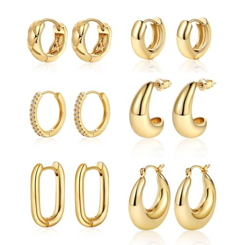 BERISO Gold Hoop Earrings Set for Women,14K Gold Plated Huggie Hoop Earrings Cubic Zirconia Small Earring CZ Spiral Earrings for Women | Amazon (US)