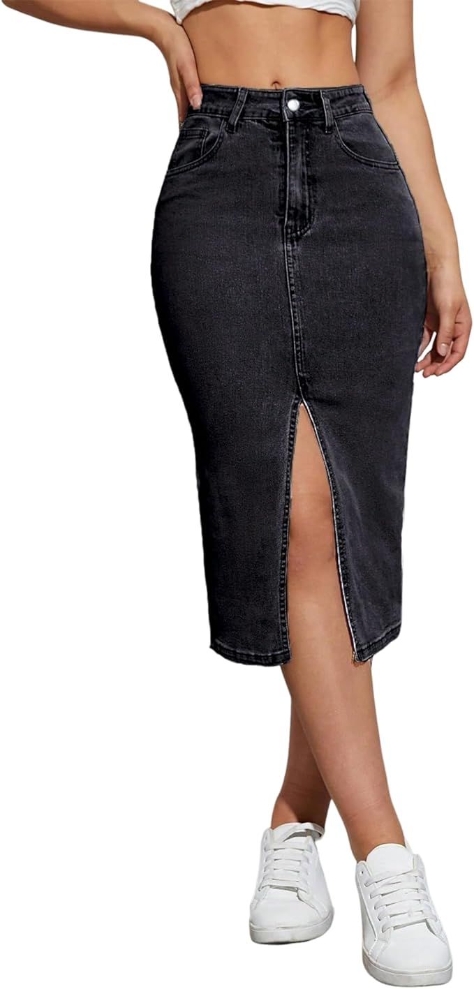 Womens Denim Pencil Skirts Mid Long High Waist A line Midi Jean Skirt Split Hem Skirts for Ladies... | Amazon (US)