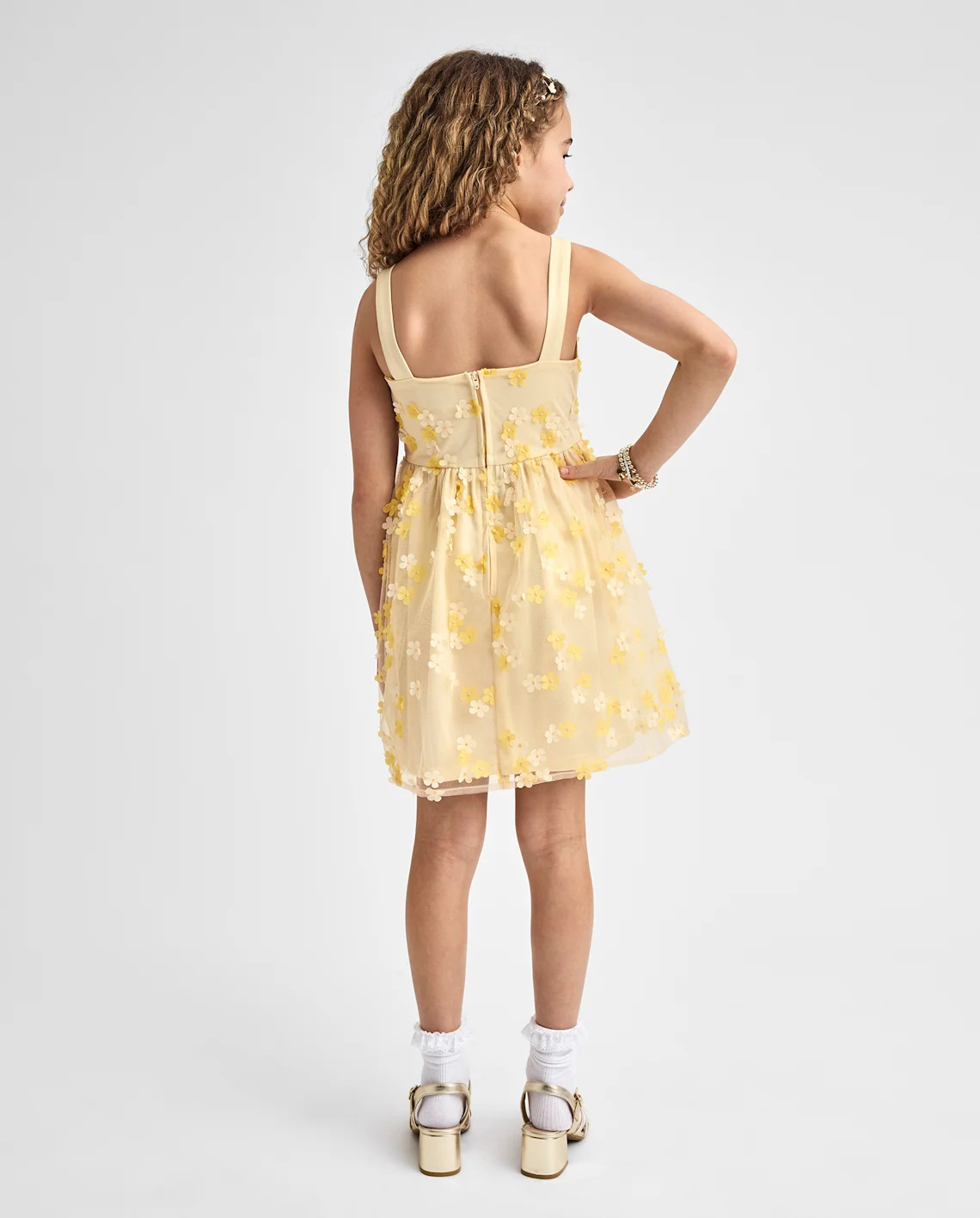 Girls 3D Floral Mesh Fit And Flare Dress - yellow | The Children's Place