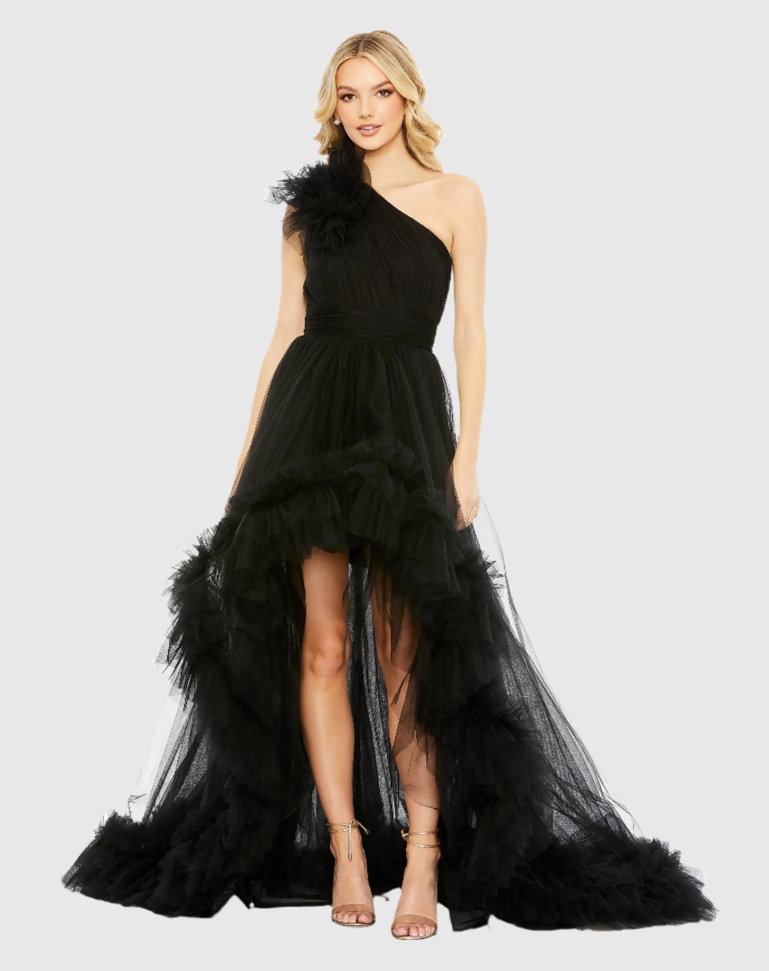 Mac Duggal - Black Ruffled One Shoulder High Low Tulle Gown - Black / US 12 | Mac Duggal