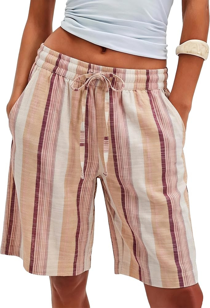 MISSACTIVER Women Stripe Bermuda Shorts Knee-Length Drawstring Elastic Waist Wide Leg Baggy Short... | Amazon (US)