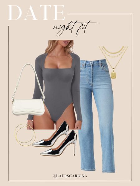 This date night fit includes a long sleeve square neck gray bodysuit paired with high waisted straight leg jeans, a white shoulder bag, silver pumps, gold hoops, and a gold layered initial necklace. 

Ootd, date night, winter style, Amazon outfit 

#LTKshoecrush #LTKfindsunder50 #LTKstyletip